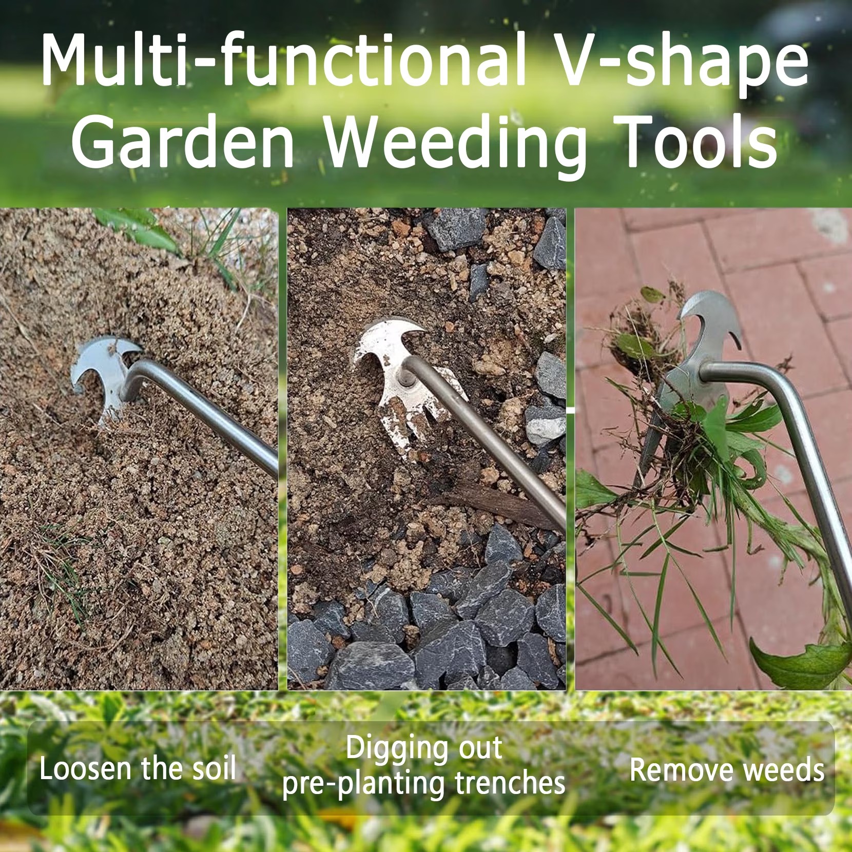 35cm Manual Weeding Tool with Wooden Handle, 4-Tine Stainless Steel Garden Weeder, Handheld Weed Puller Hoe for Lawn, Yard, Farm & Gardening