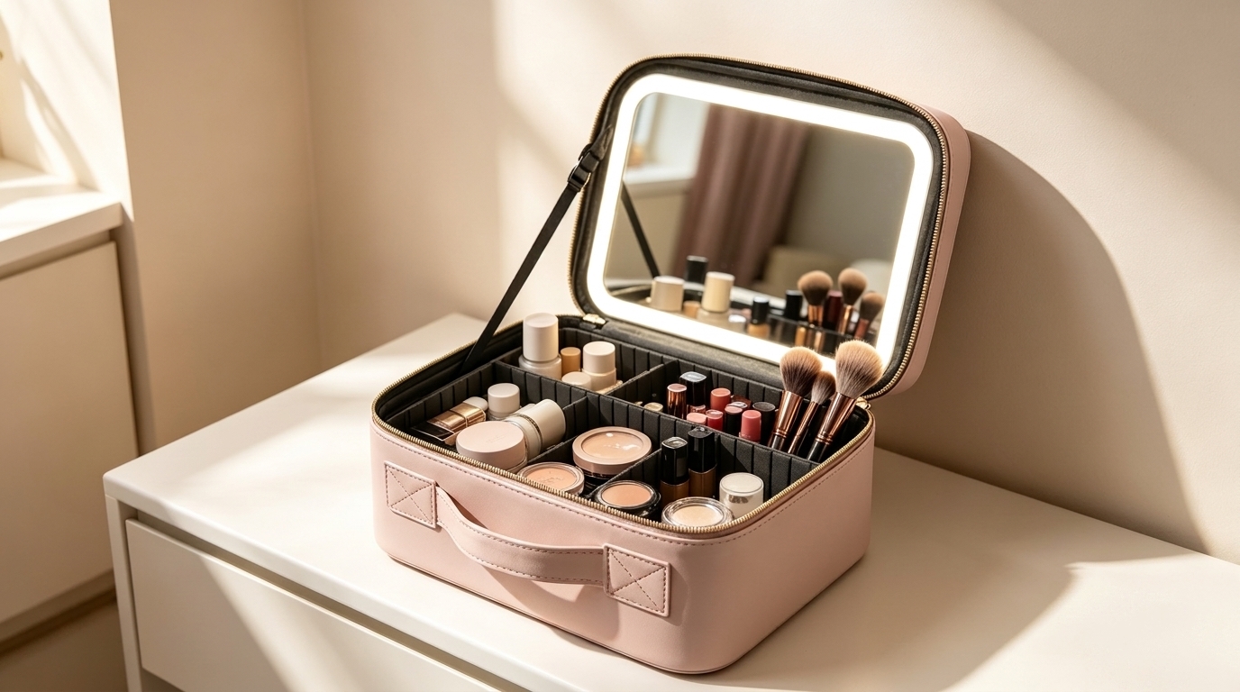 Travel makeup bag with LED mirror