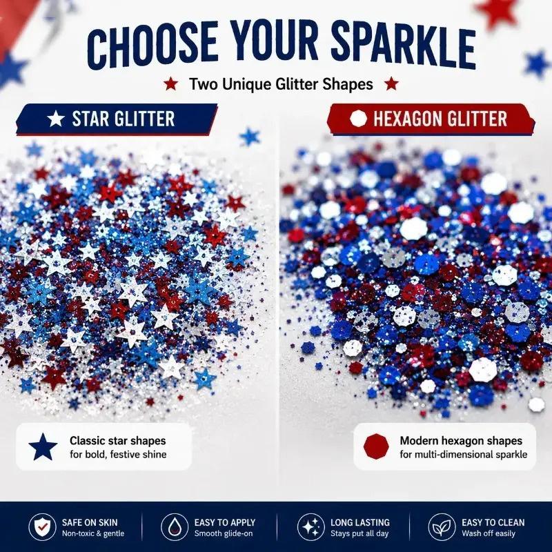 4th of July Glitter Stick, Red White Blue Shimmer Gel, Long Lasting Body Face Hair Shiny Makeup, Easy To Apply Patriotic Sparkle Cosmetic, Perfect for Independence Day Party Festival Holiday Daily Trendy Look