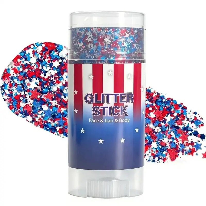 4th of July Glitter Stick, Red White Blue Shimmer Gel, Long Lasting Body Face Hair Shiny Makeup, Easy To Apply Patriotic Sparkle Cosmetic, Perfect for Independence Day Party Festival Holiday Daily Trendy Look