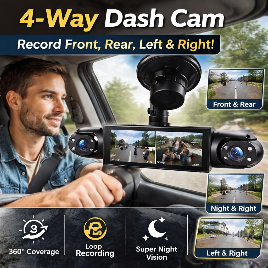 🚨[Best Seller] Stop Driving Blind! 4-Way Simultaneous Recording Dash Cam - 360° Full Coverage