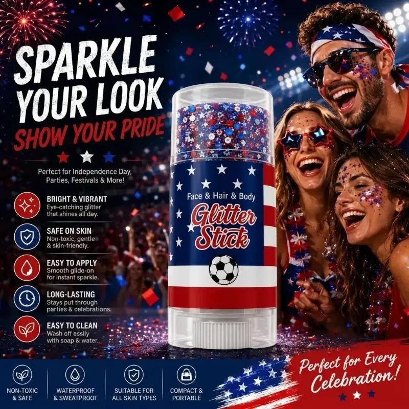 4th of July Glitter Stick, Red White Blue Shimmer Gel, Long Lasting Body Face Hair Shiny Makeup, Easy To Apply Patriotic Sparkle Cosmetic, Perfect for Independence Day Party Festival Holiday Daily Trendy Look