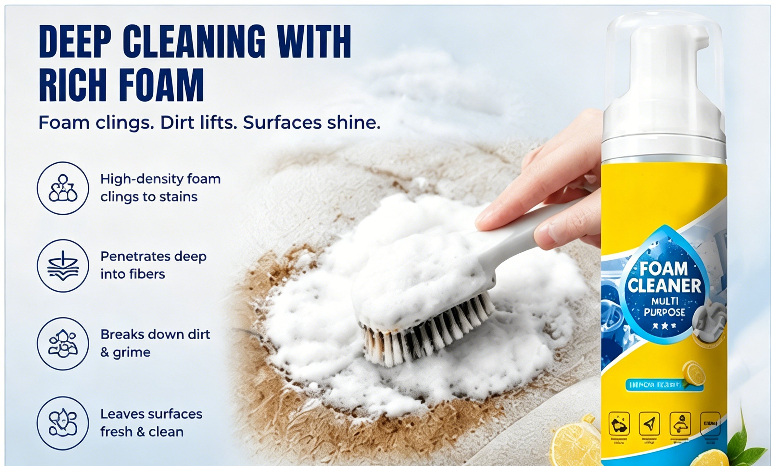 Deep cleaning foam removes stains