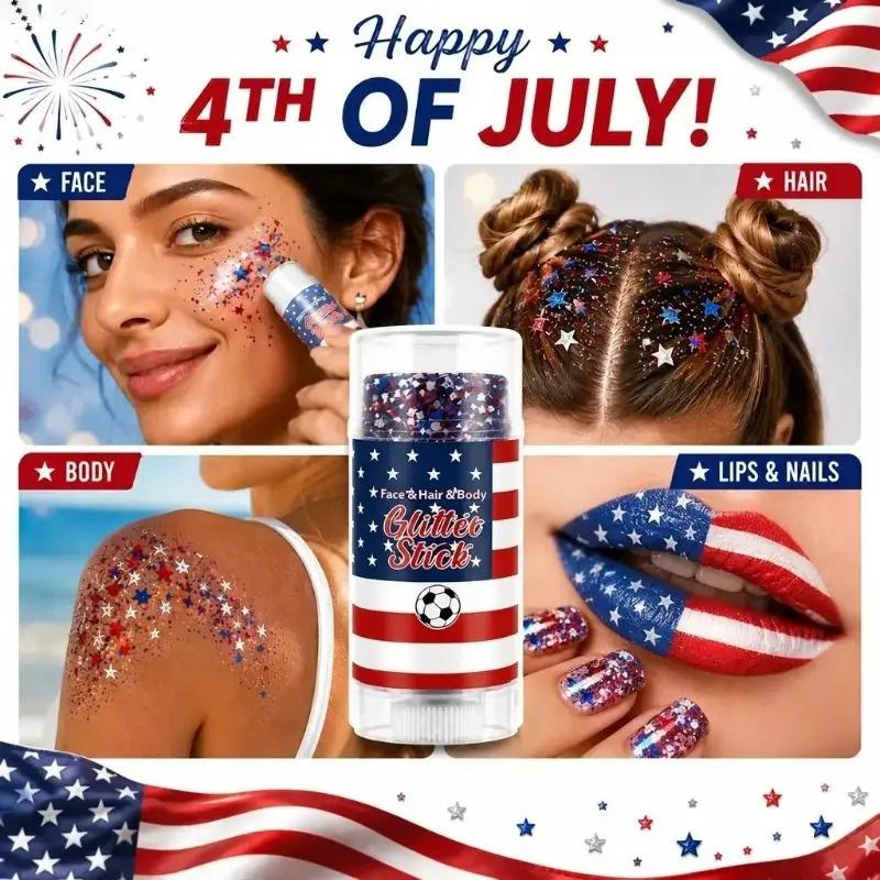 4th of July Glitter Stick, Red White Blue Shimmer Gel, Long Lasting Body Face Hair Shiny Makeup, Easy To Apply Patriotic Sparkle Cosmetic, Perfect for Independence Day Party Festival Holiday Daily Trendy Look
