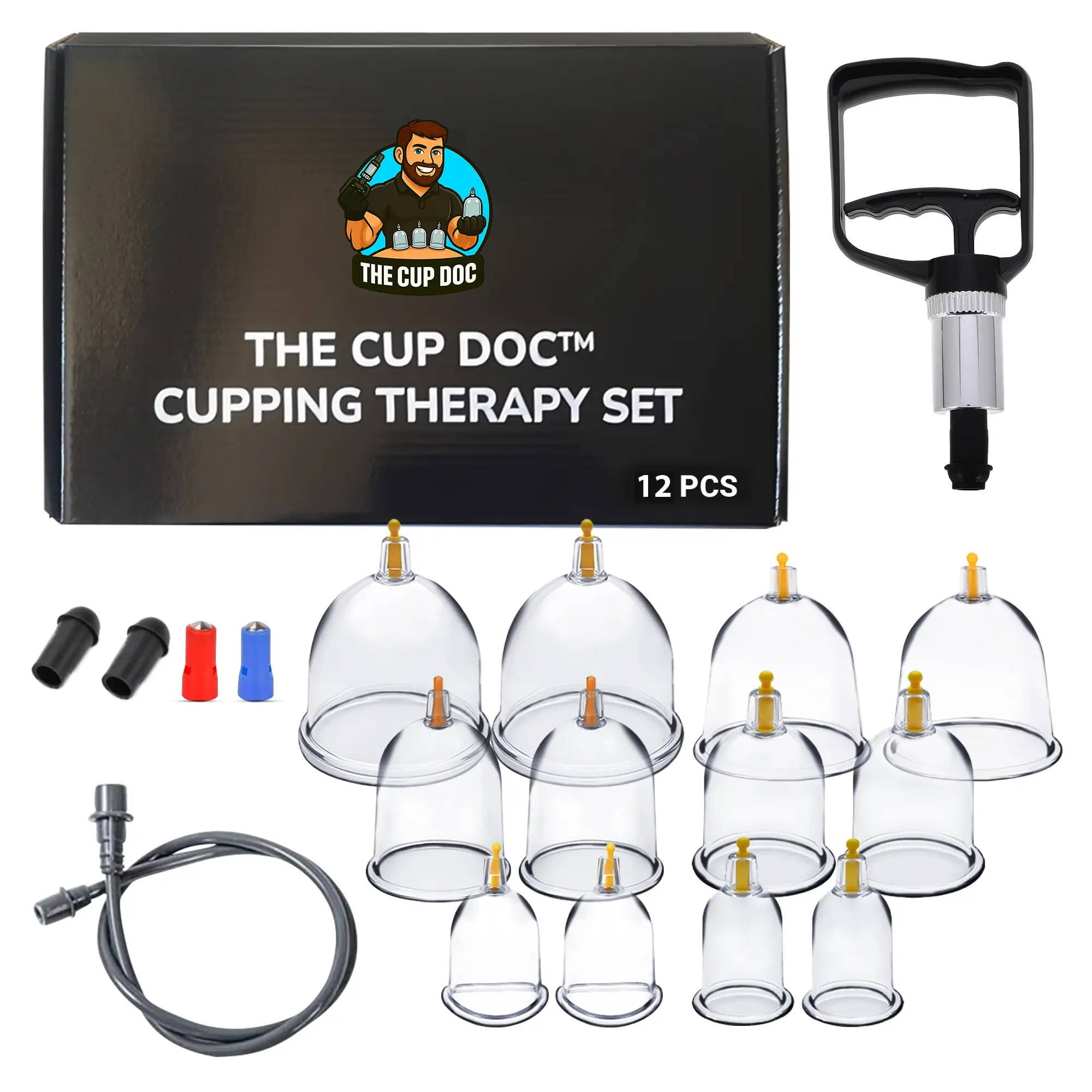 The Cup Doc Cupping Therapy Kit | Back Pain Relief & Muscle Recovery | 12PC & 24PC | Hand Pump, Magnets & Hose Included | At Home Use