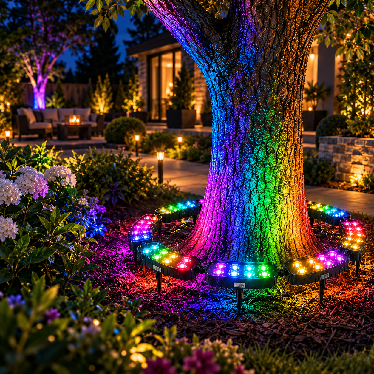 RGB illuminated tree in landscaped yard