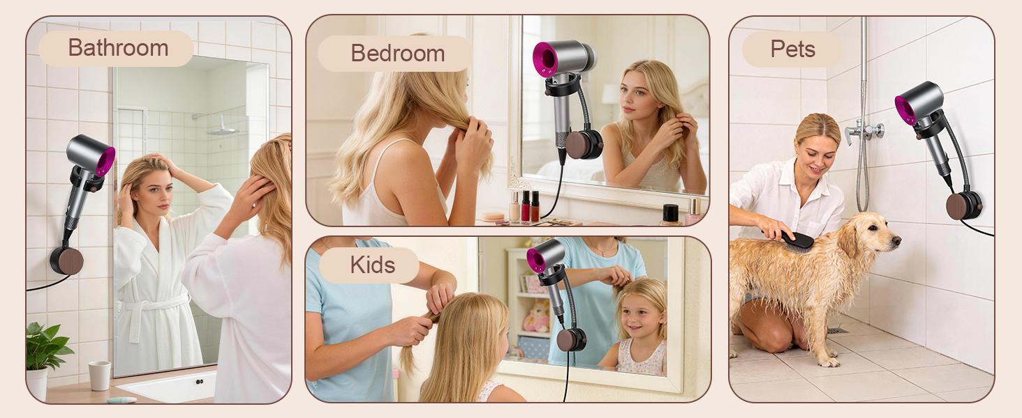 SEANCHEER S07 Hands Free Hair Dryer Holder Wall Mount, 360&deg; Rotating Adjustable Height Suction Cup Blow Dryer Holder, No Drill Installation, Damage-Free Wall, with Cord Storage for Most Hair Dryers