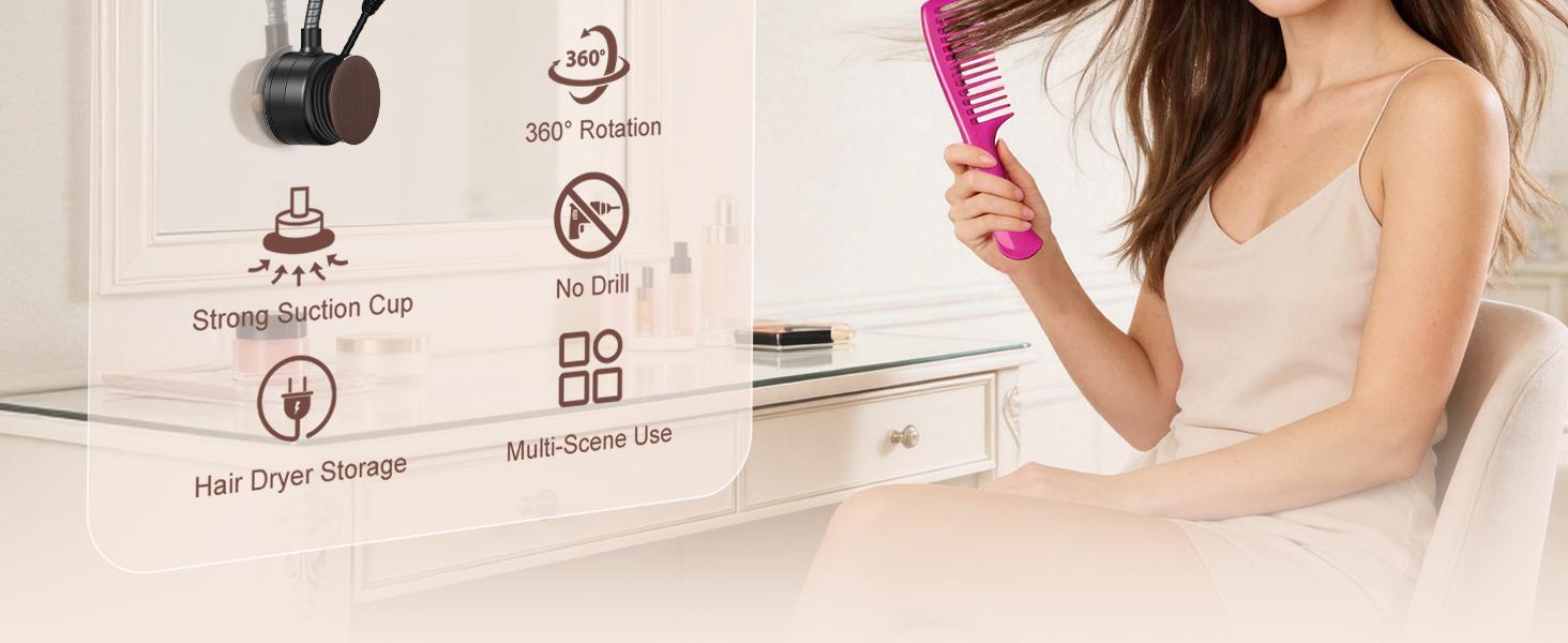 SEANCHEER S07 Hands Free Hair Dryer Holder Wall Mount, 360&deg; Rotating Adjustable Height Suction Cup Blow Dryer Holder, No Drill Installation, Damage-Free Wall, with Cord Storage for Most Hair Dryers
