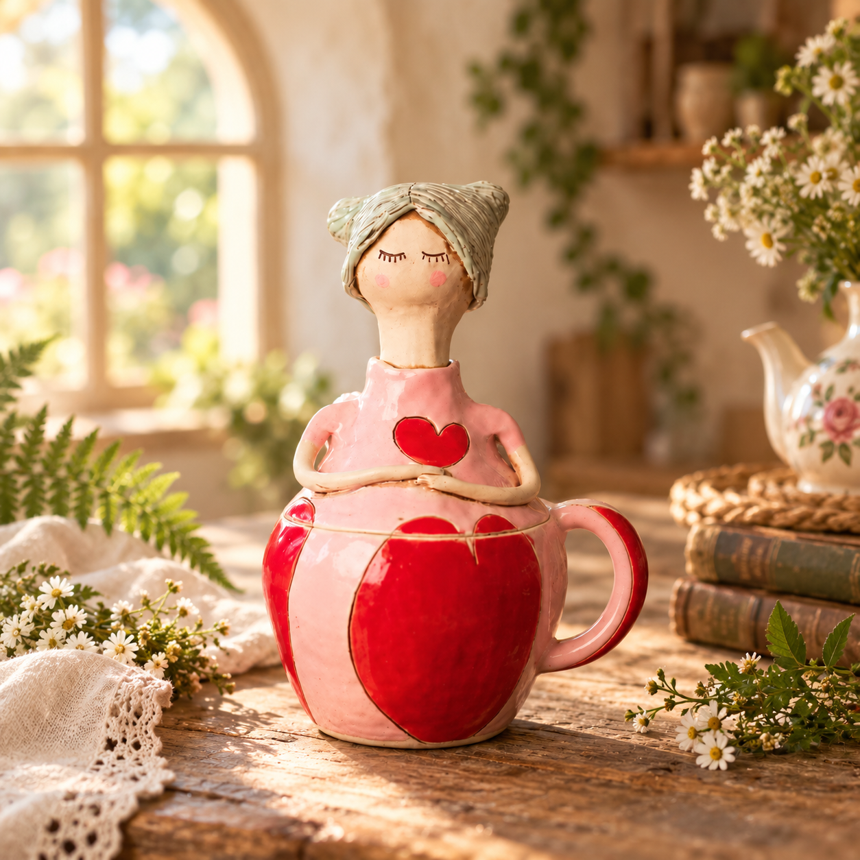 Fairy-inspired pink decorative mug with sculptural lid