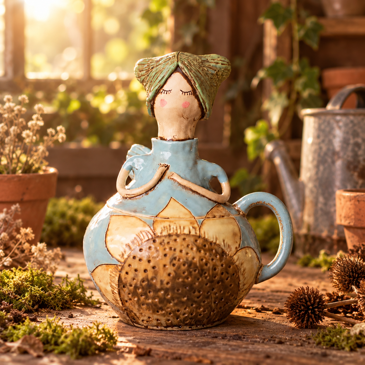 Blue fairy mug with sunflower-inspired decorative design