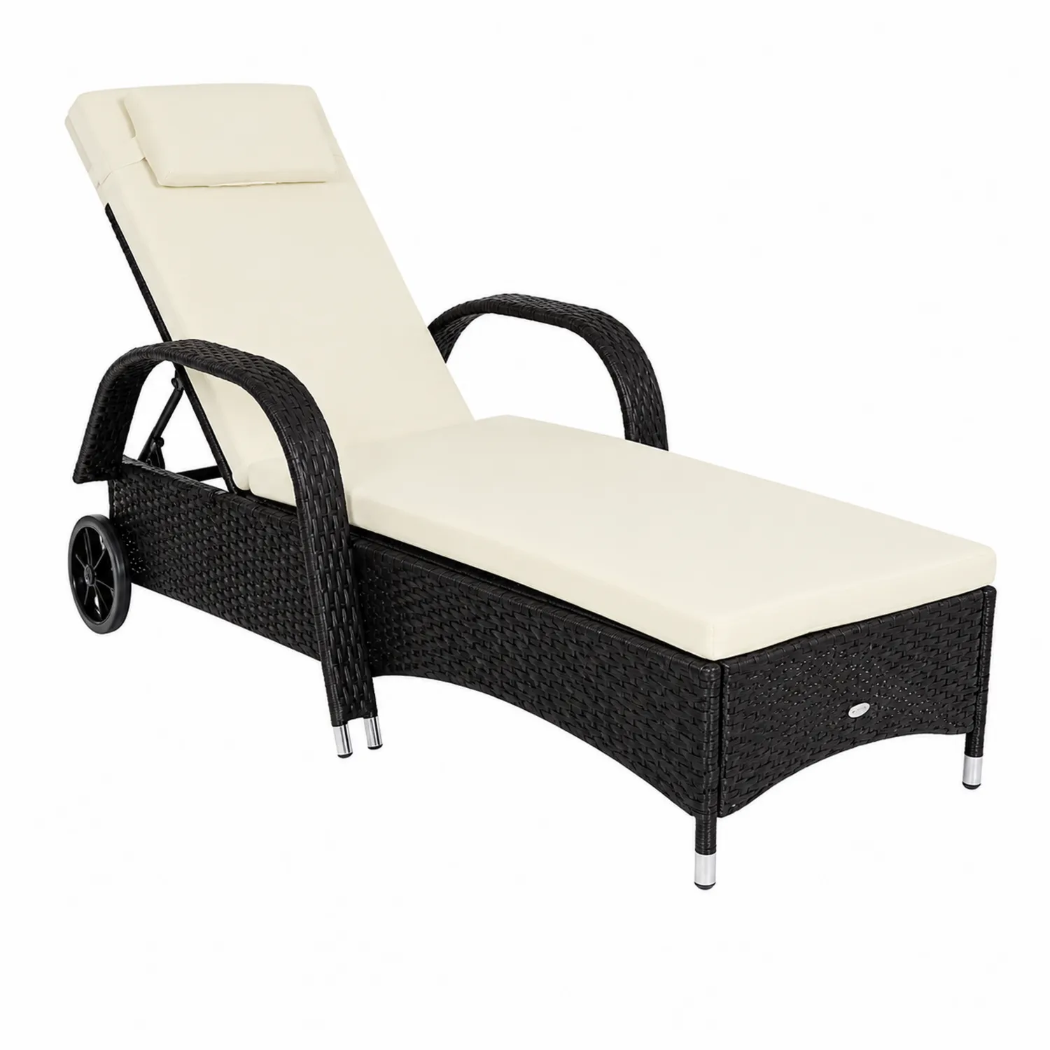 Chaise Longue en Résine Tressée Noire avec Coussin Crème Ajustable-brixtrivoqal