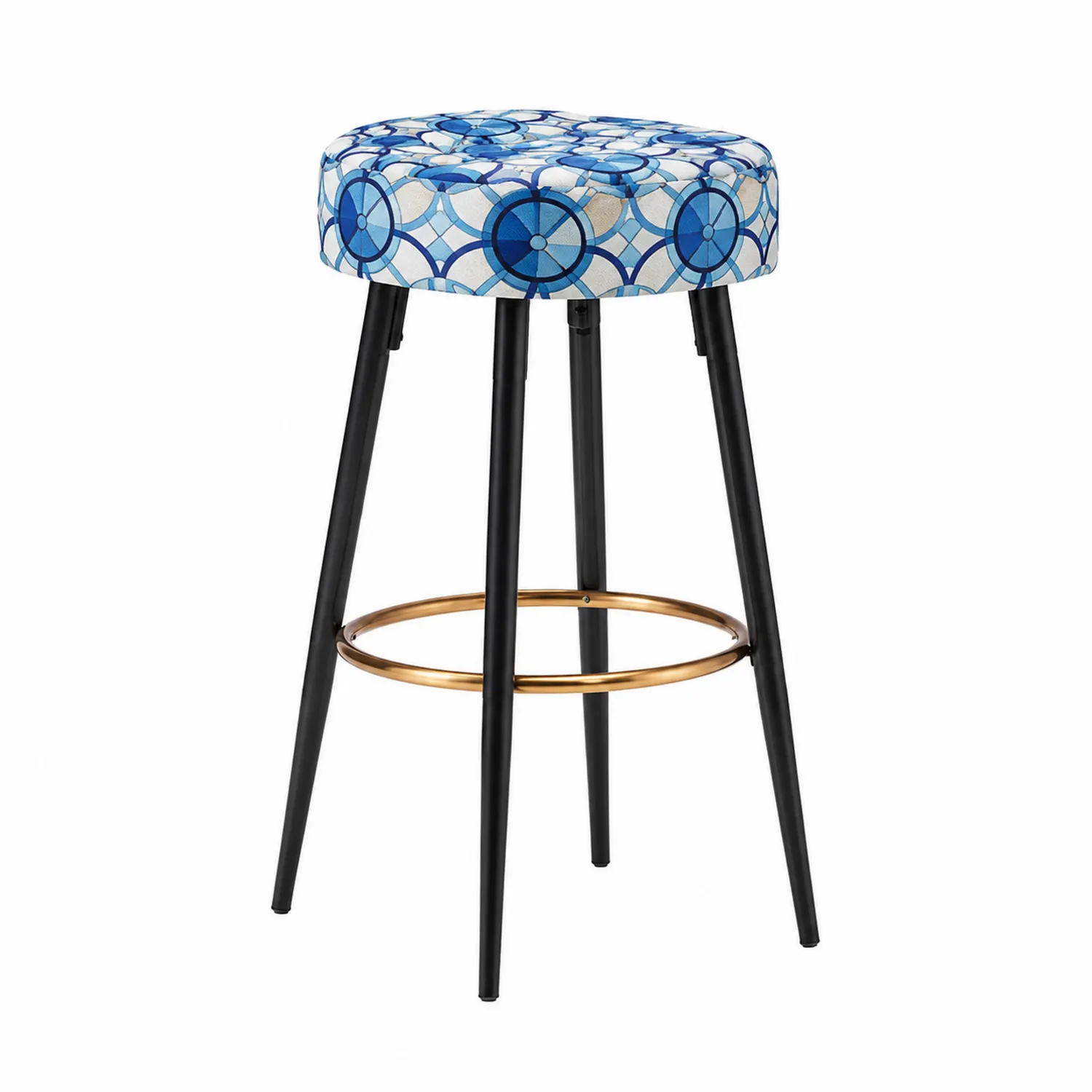 Tabouret de bar en tissu bleu, pieds en métal noir et repose-pieds doré-brixtrivoqal