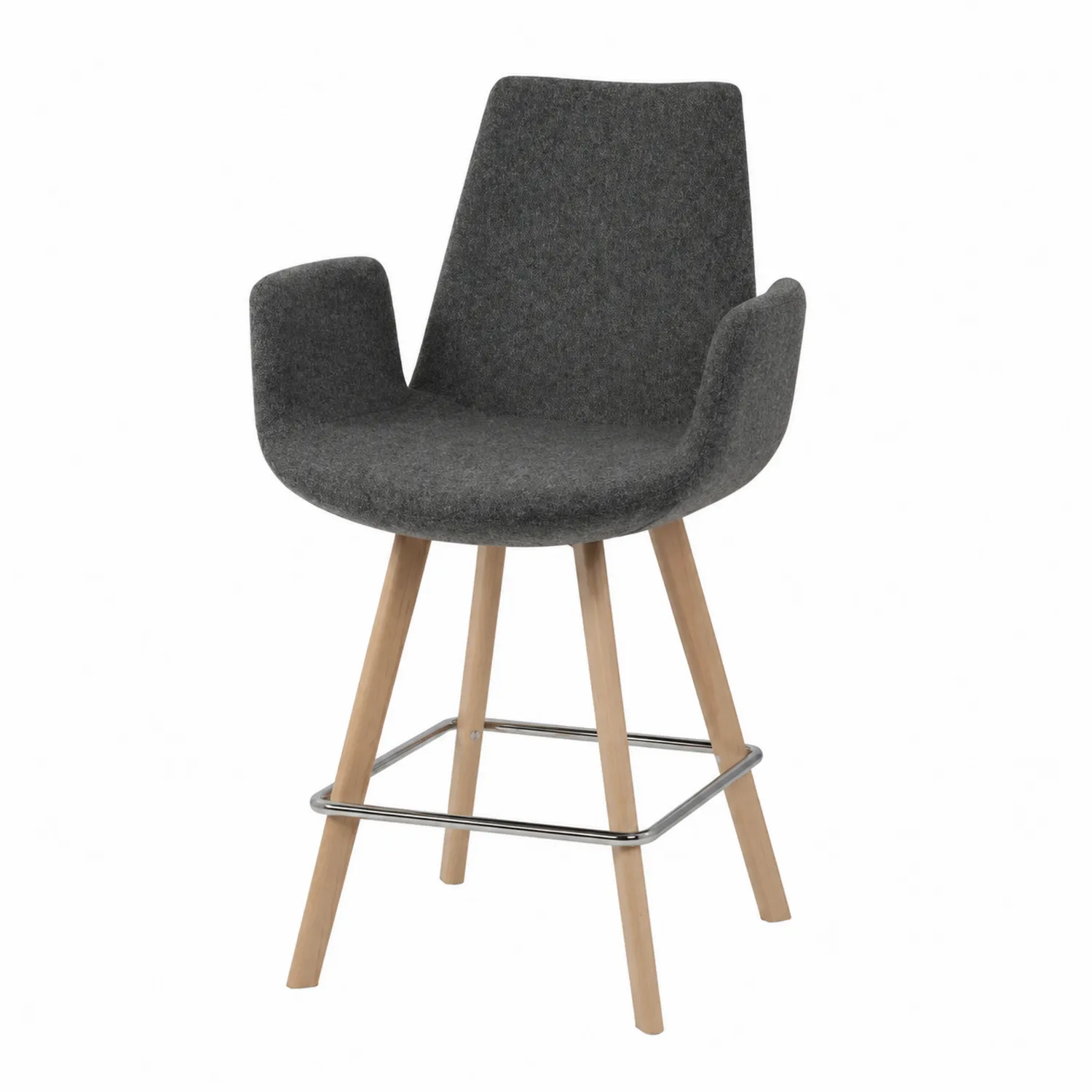 Tabouret de bar en tissu gris avec pieds en bois et repose-pied en métal-brixtrivoqal