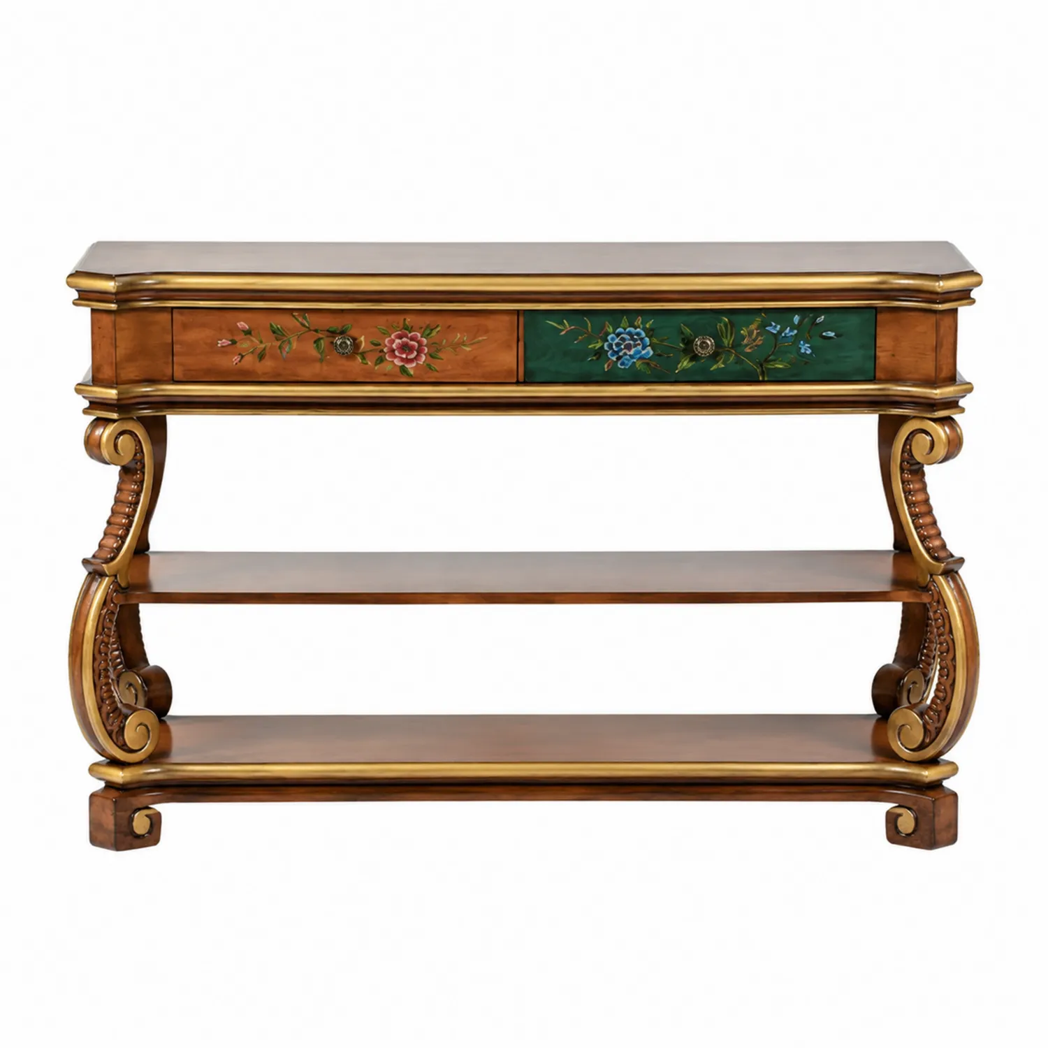 Console en bois sculpté avec étagères et motifs floraux peints-brixtrivoqal