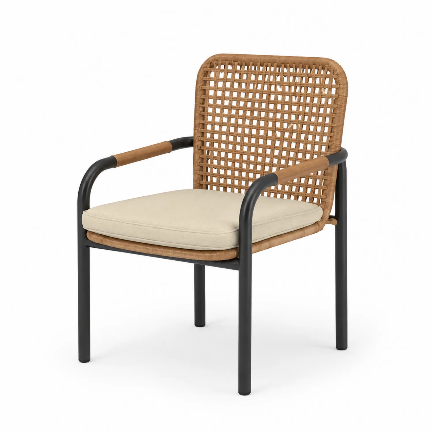 Chaise de salle à manger d'extérieur en rotin et acier avec coussin beige-brixtrivoqal