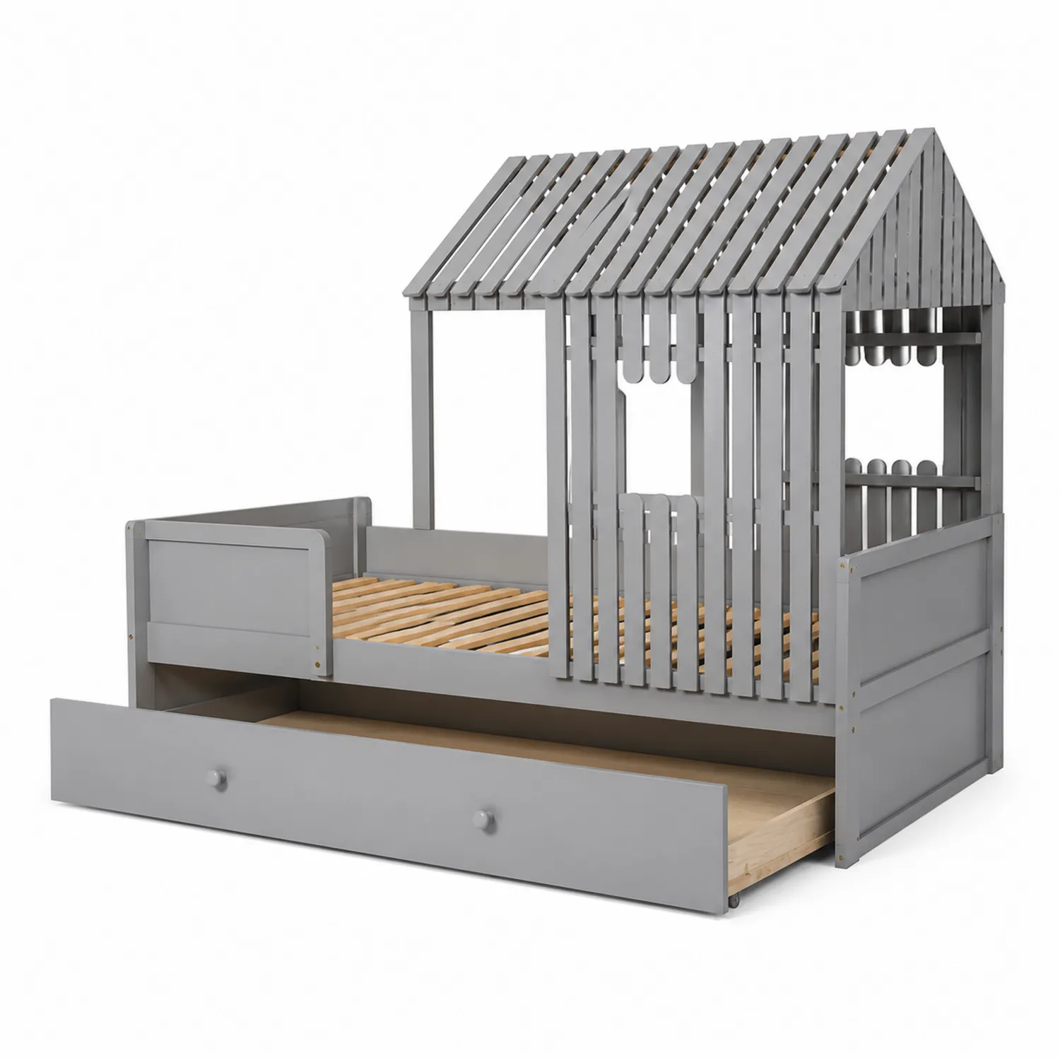 Lit cabane enfant en bois avec tiroir de rangement Gris 200x90 cm-brixtrivoqal