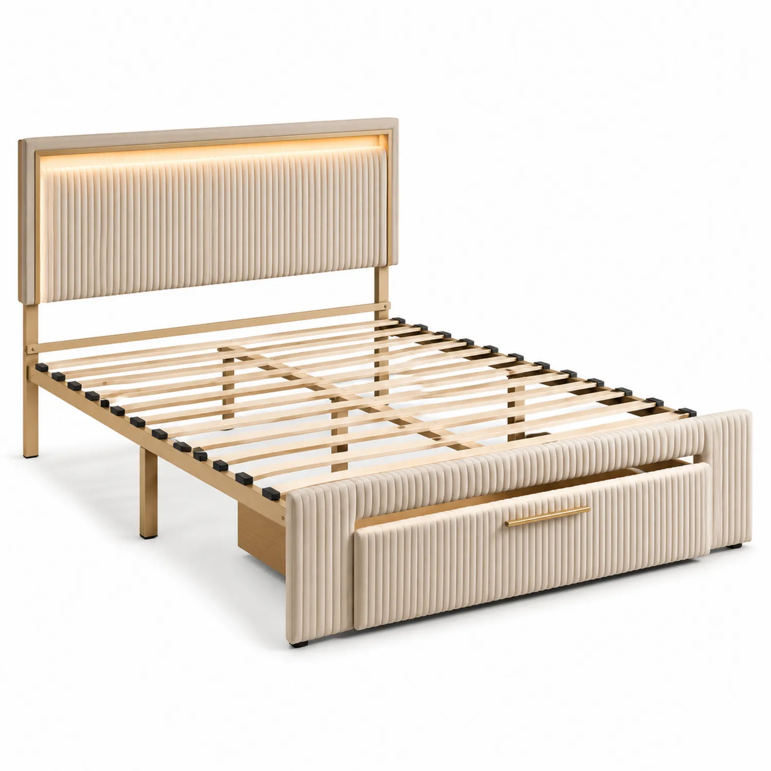 Lit double en bois avec tête de lit en tissu et tiroir de rangement Beige-brixtrivoqal