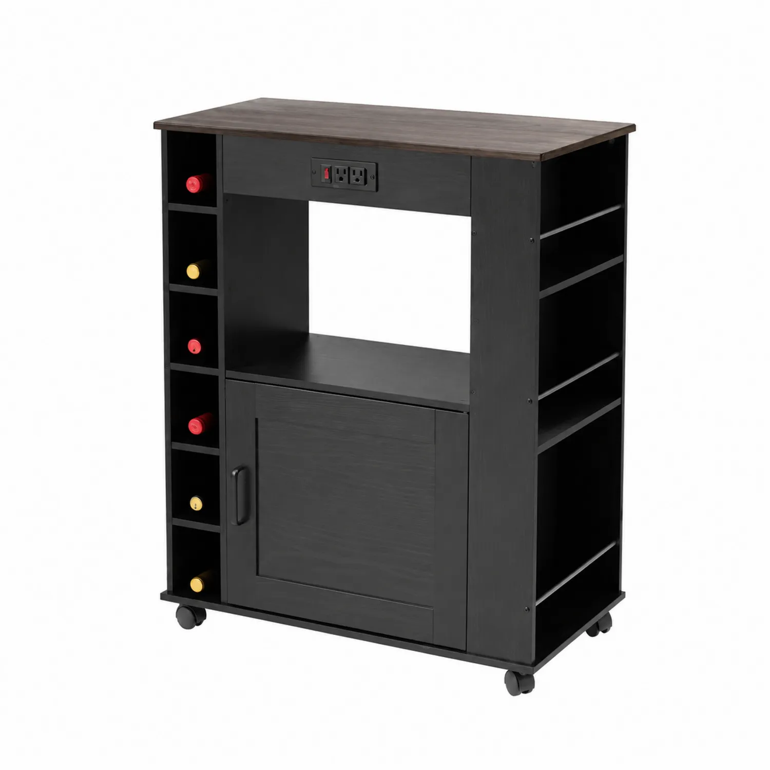Chariot de bar en bois noir avec rangement pour bouteilles et prise intégrée-brixtrivoqal