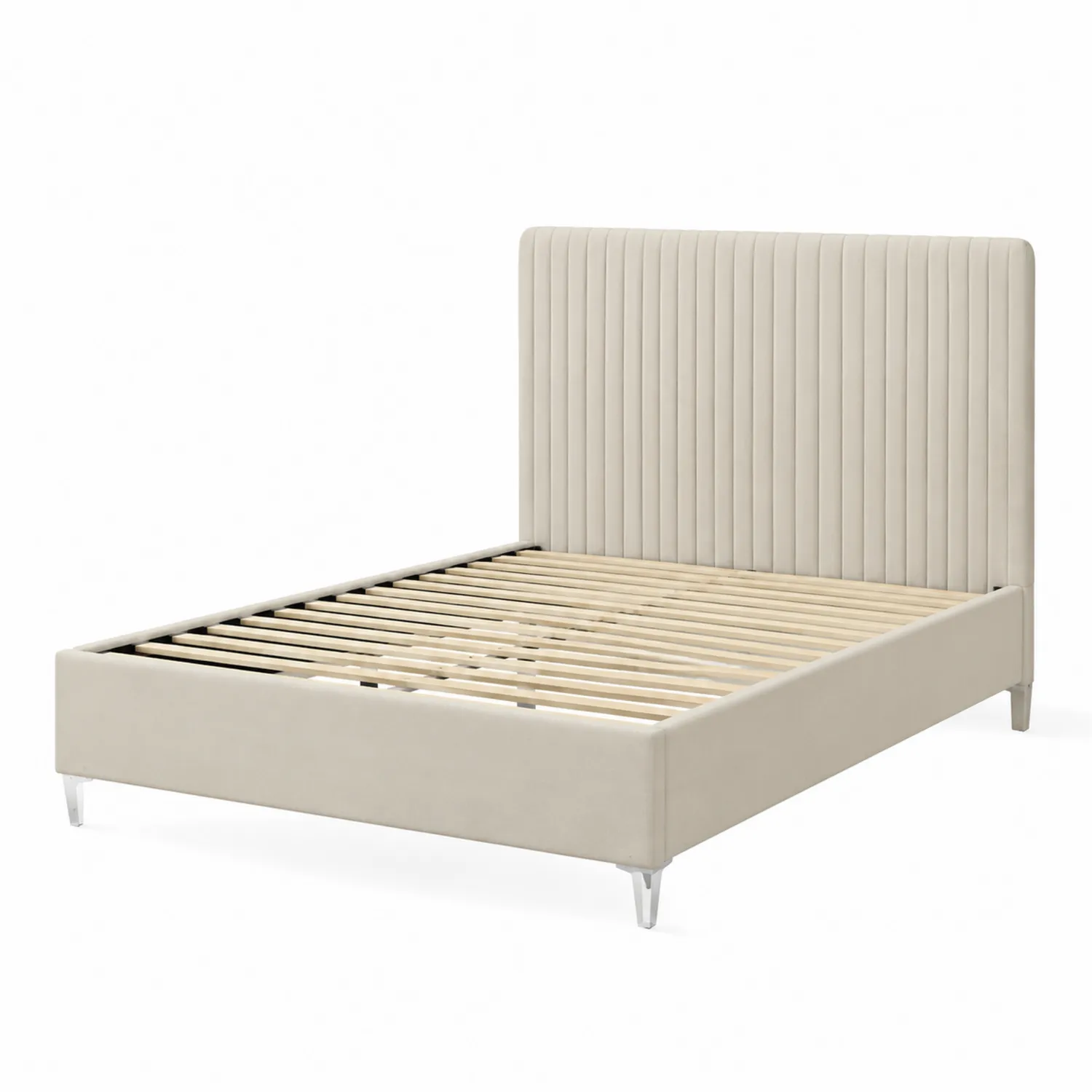 Lit double en bois et velours avec pieds en métal chromé-brixtrivoqal