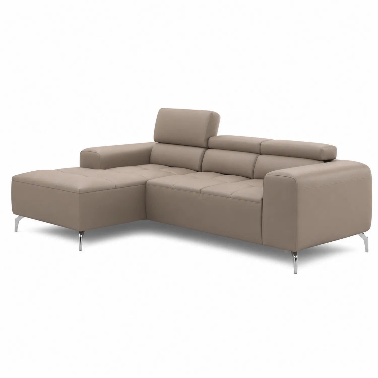 Canapé d'angle en cuir synthétique Taupe avec méridienne et pieds en métal-brixtrivoqal