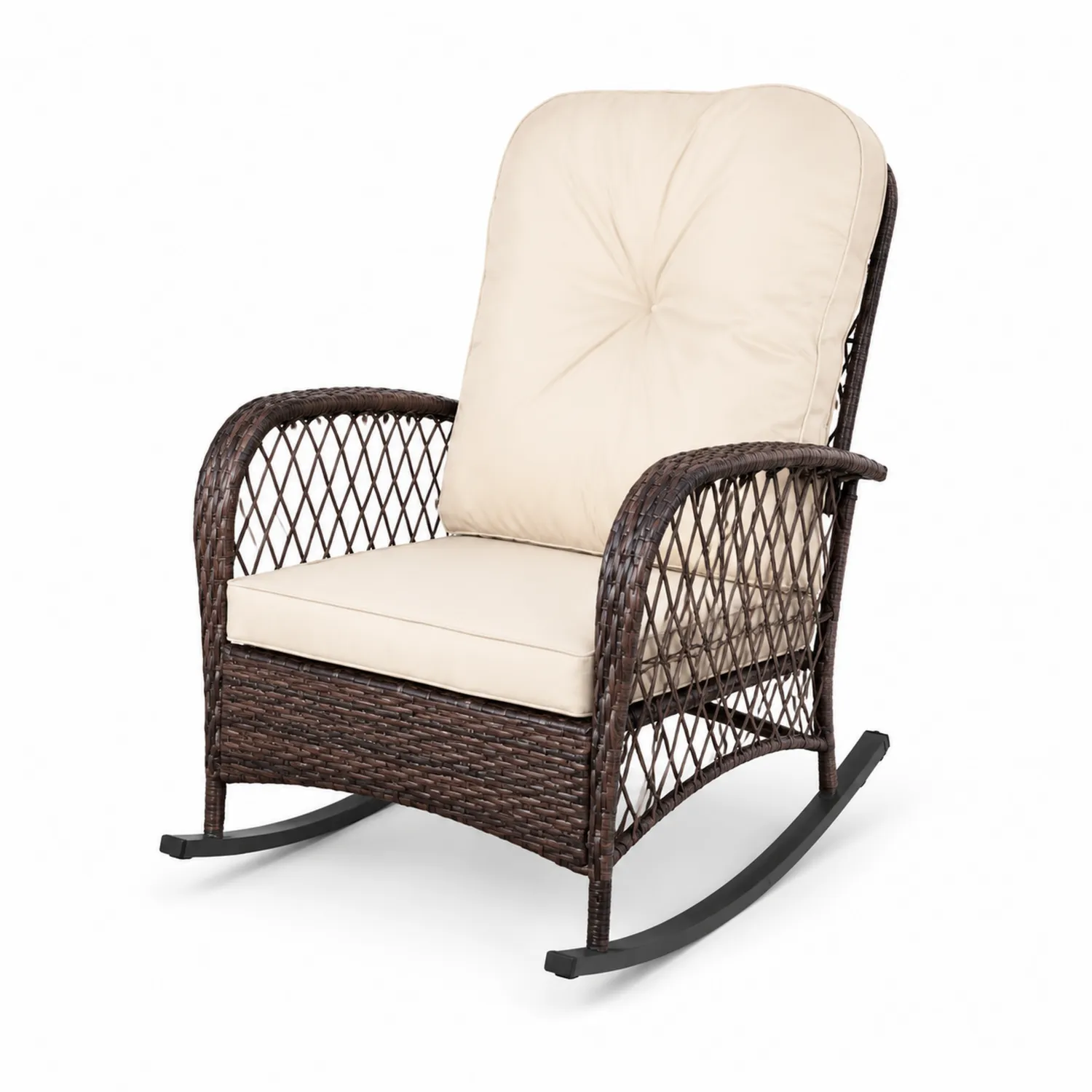 Chaise berçante en rotin brun avec coussin beige-brixtrivoqal