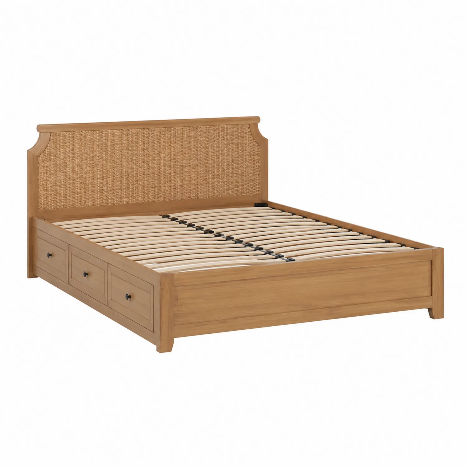Lit double en bois avec rangement et tête de lit en rotin-brixtrivoqal