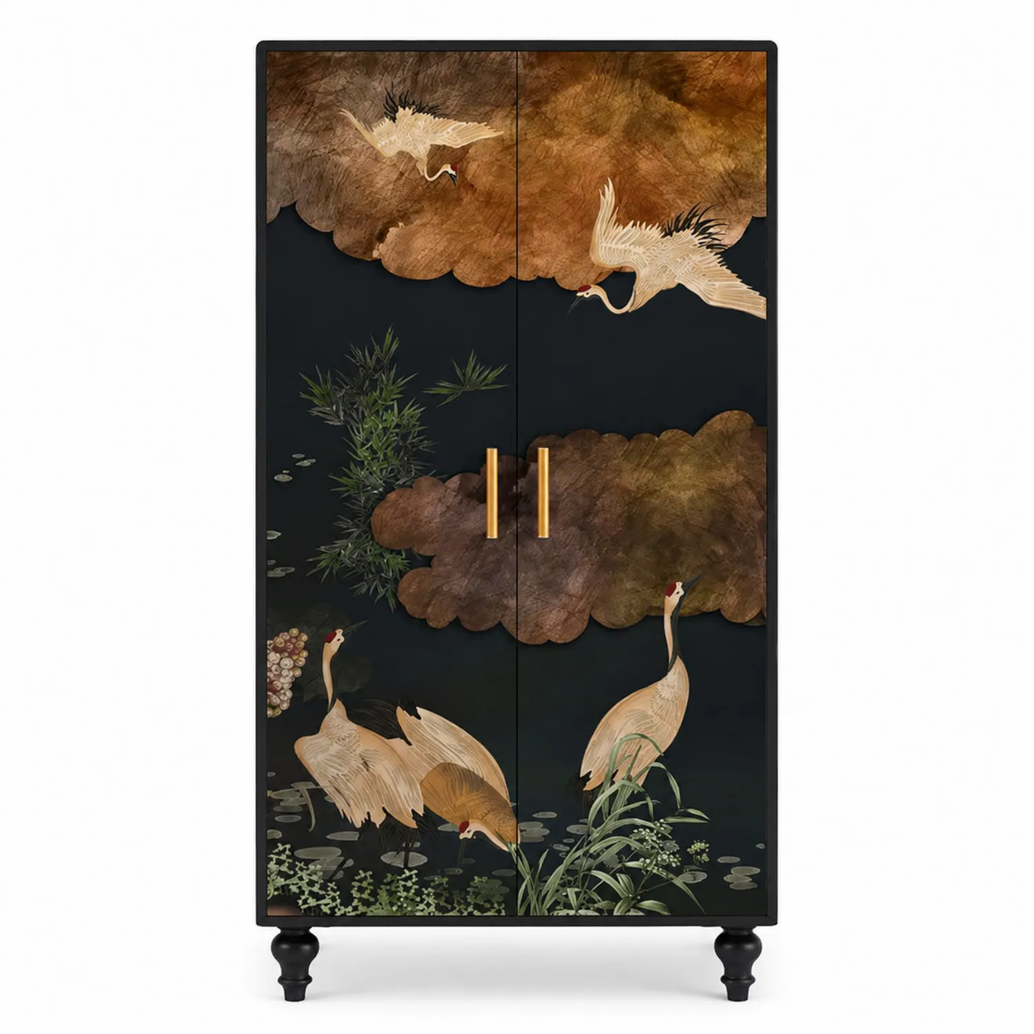 Armoire en bois avec motifs de grues, Noir et Doré-brixtrivoqal
