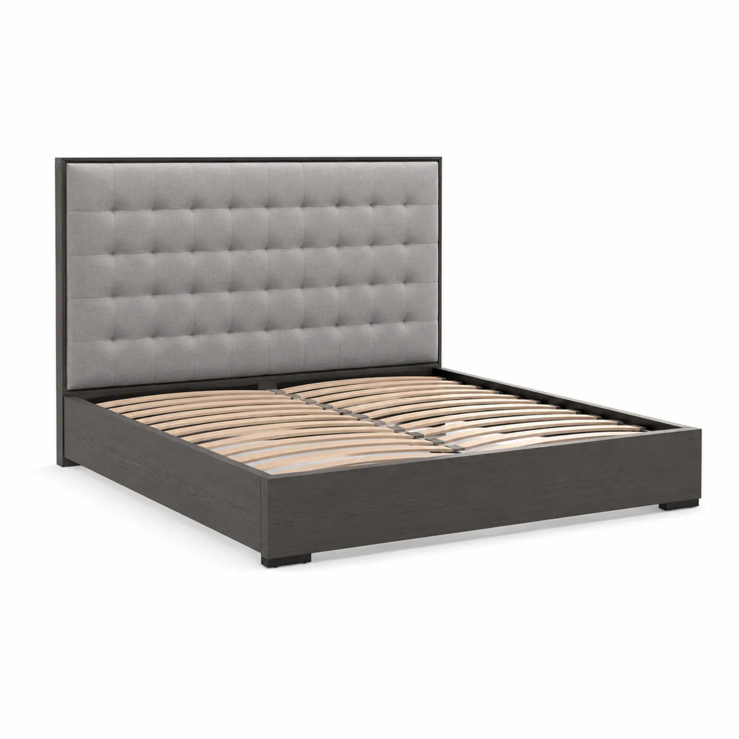 Lit avec tête de lit rembourrée en tissu gris-brixtrivoqal