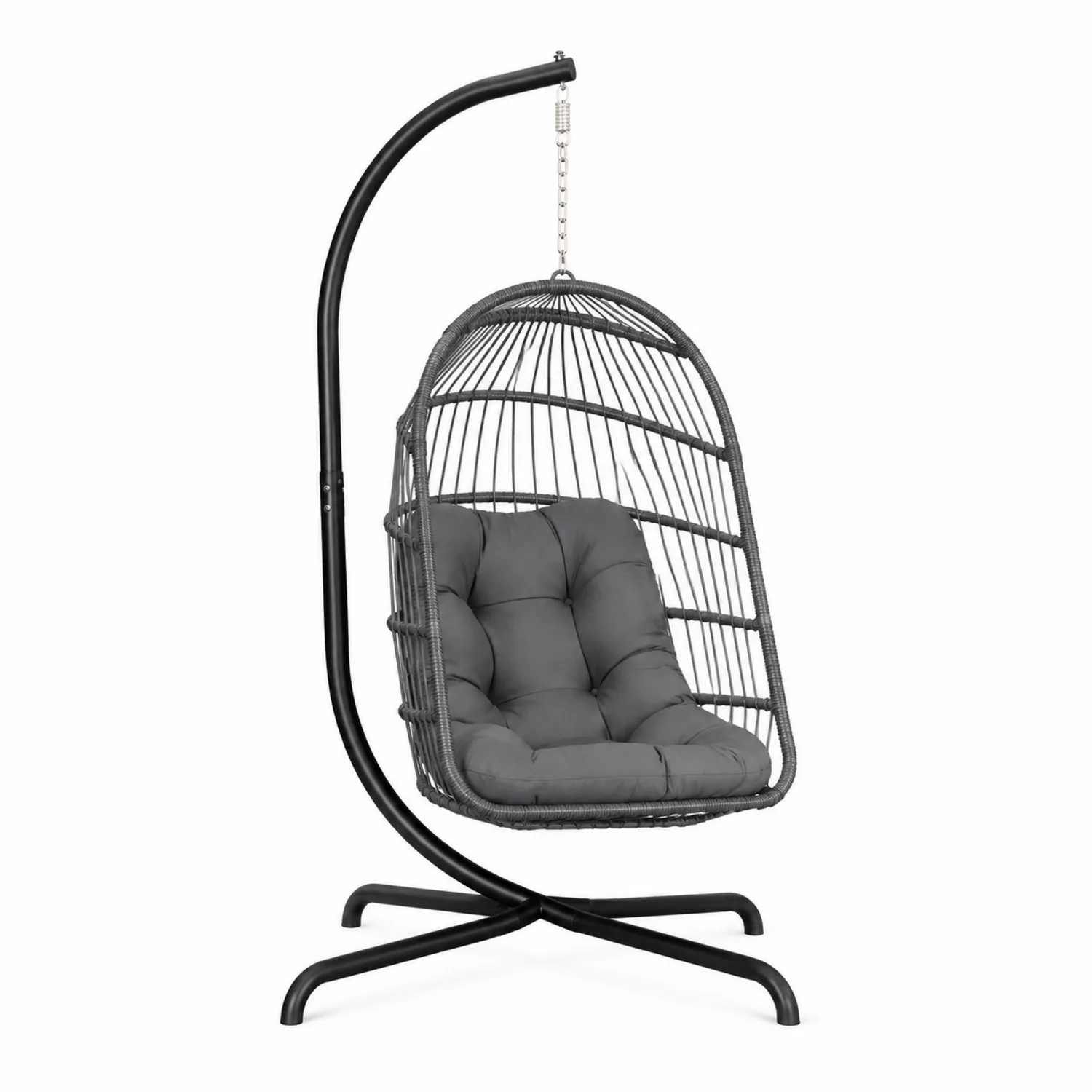 Chaise suspendue en métal et rotin synthétique avec coussin gris-brixtrivoqal