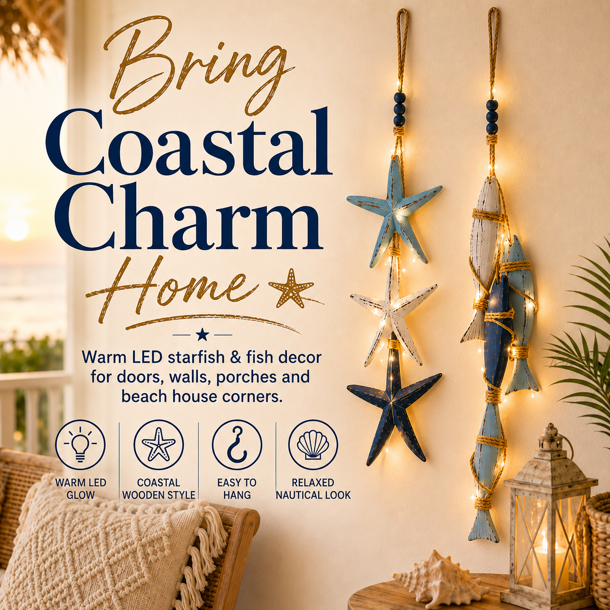 💥70% OFF Today - 🌊 Lighted Coastal Starfish & Fish Hanging Wall Decor