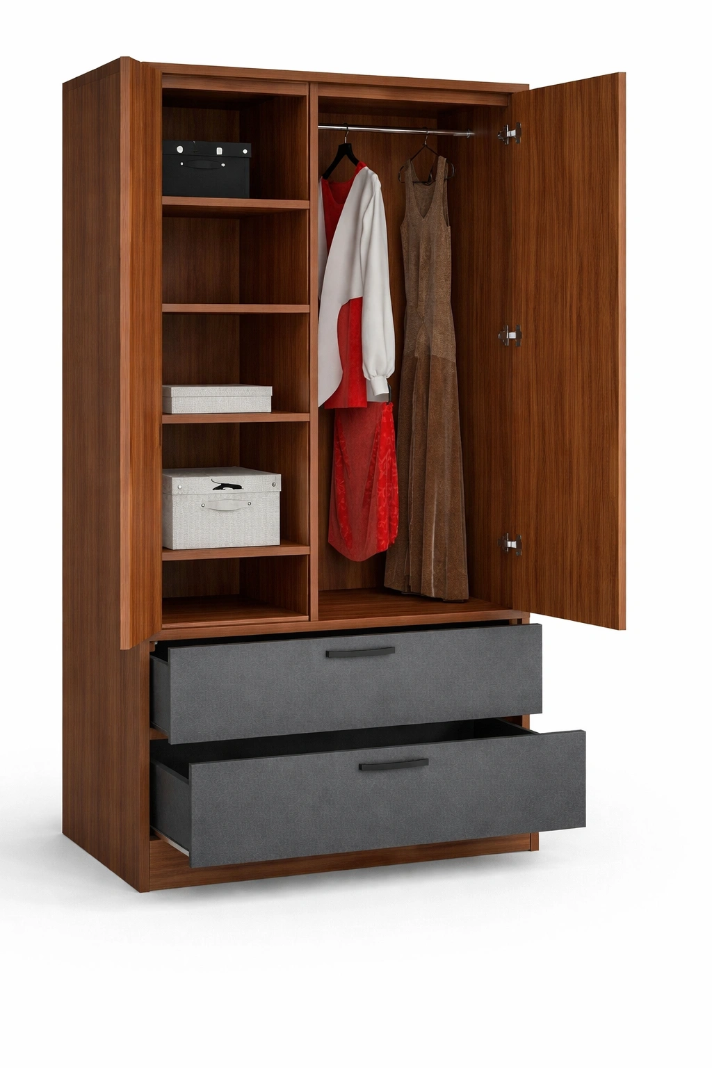 Armoire bois marron portes battantes tiroirs bas