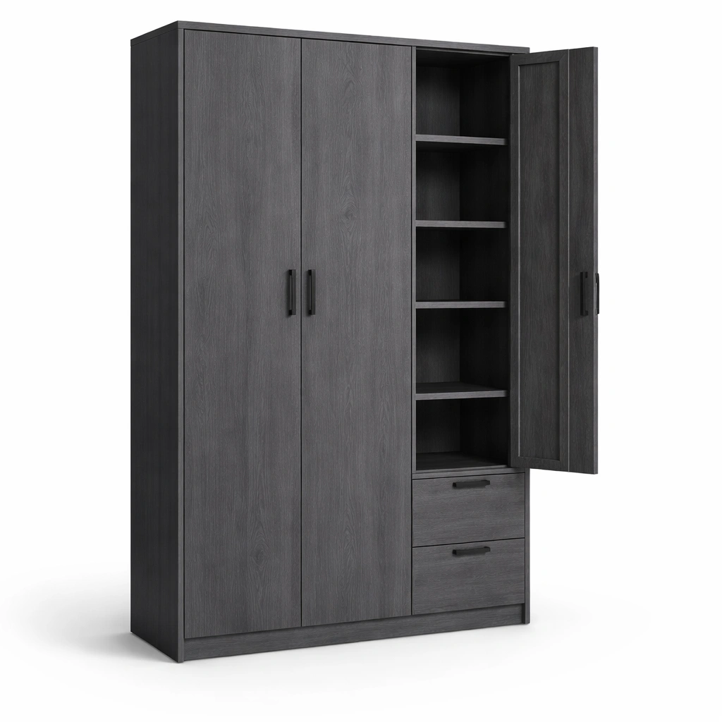 Armoire bois gris portes battantes étagères tiroirs