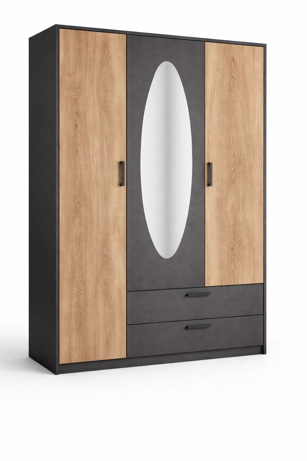 Armoire bois noir portes battantes miroir central tiroirs