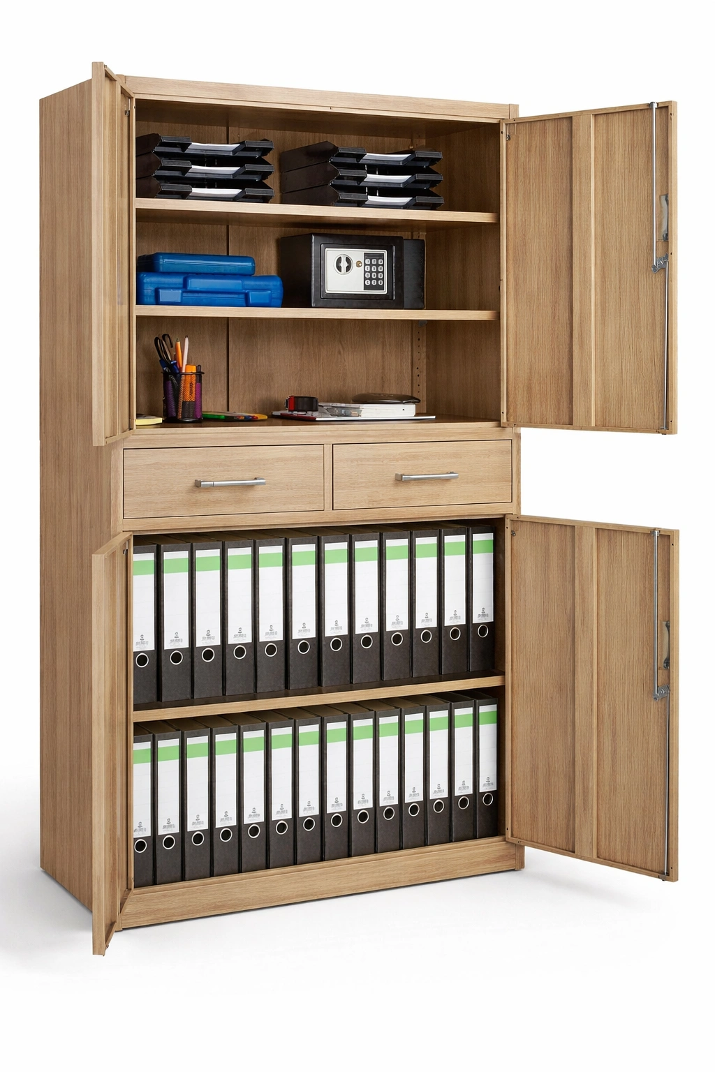 Armoire bois clair bureau intégré étagères tiroirs