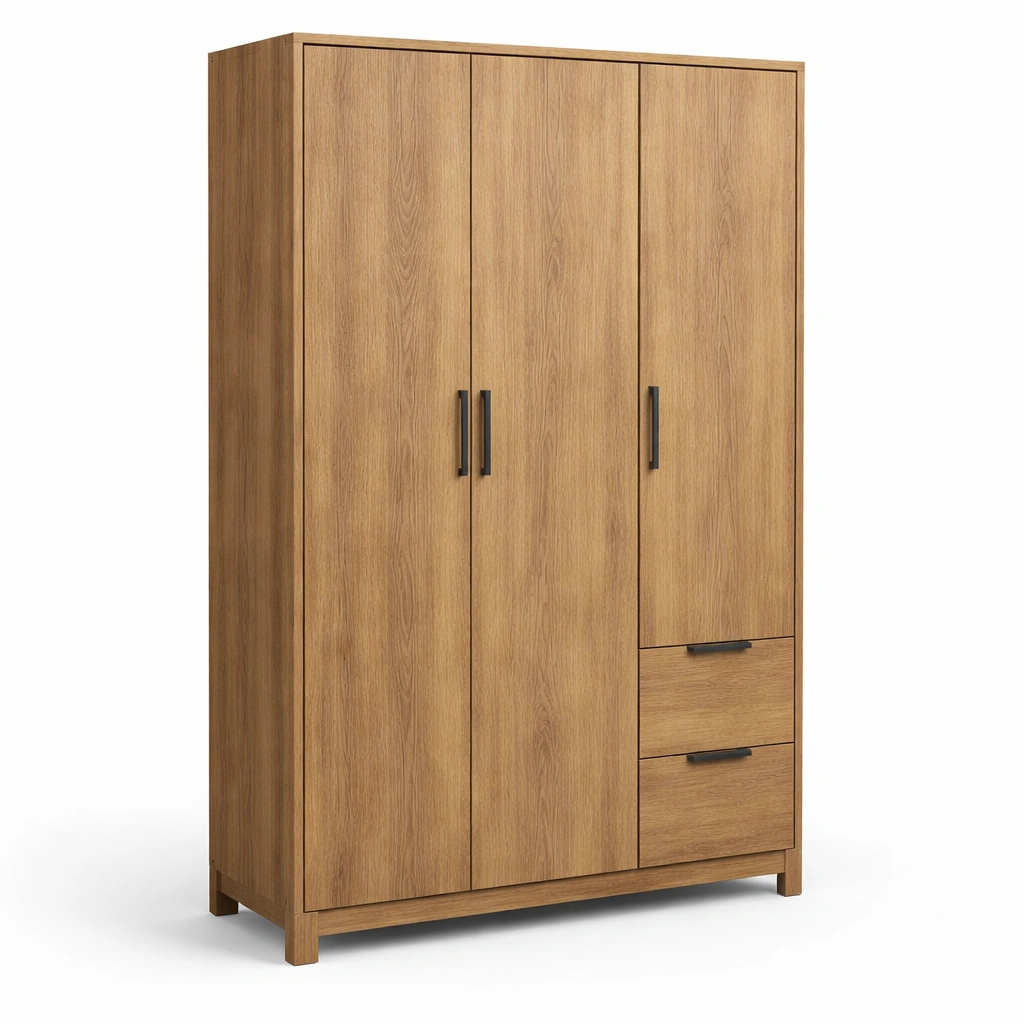 Armoire bois clair portes battantes tiroirs latéraux