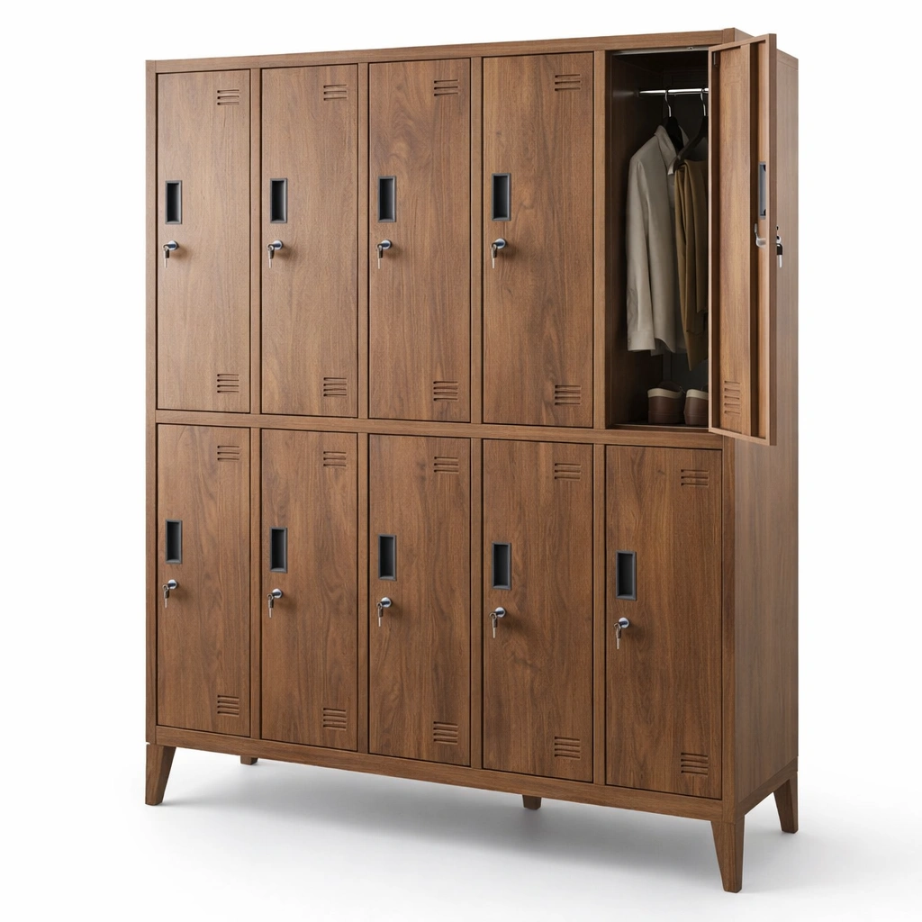 Armoire bois marron casiers multiples portes verrouillables