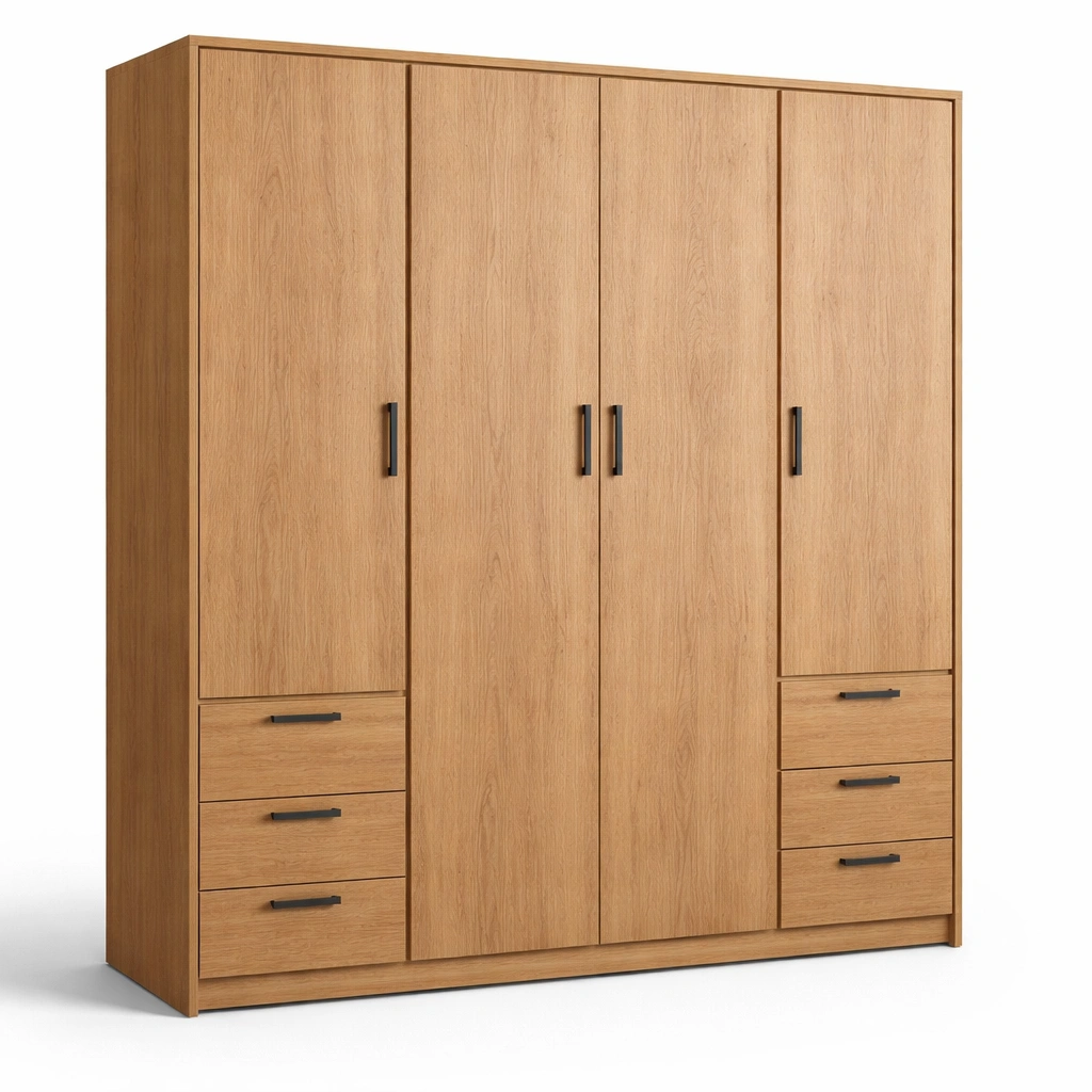 Armoire bois clair portes battantes tiroirs multiples