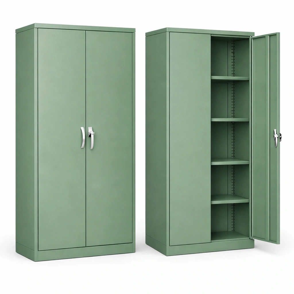 Armoire métal vert portes battantes étagères réglables