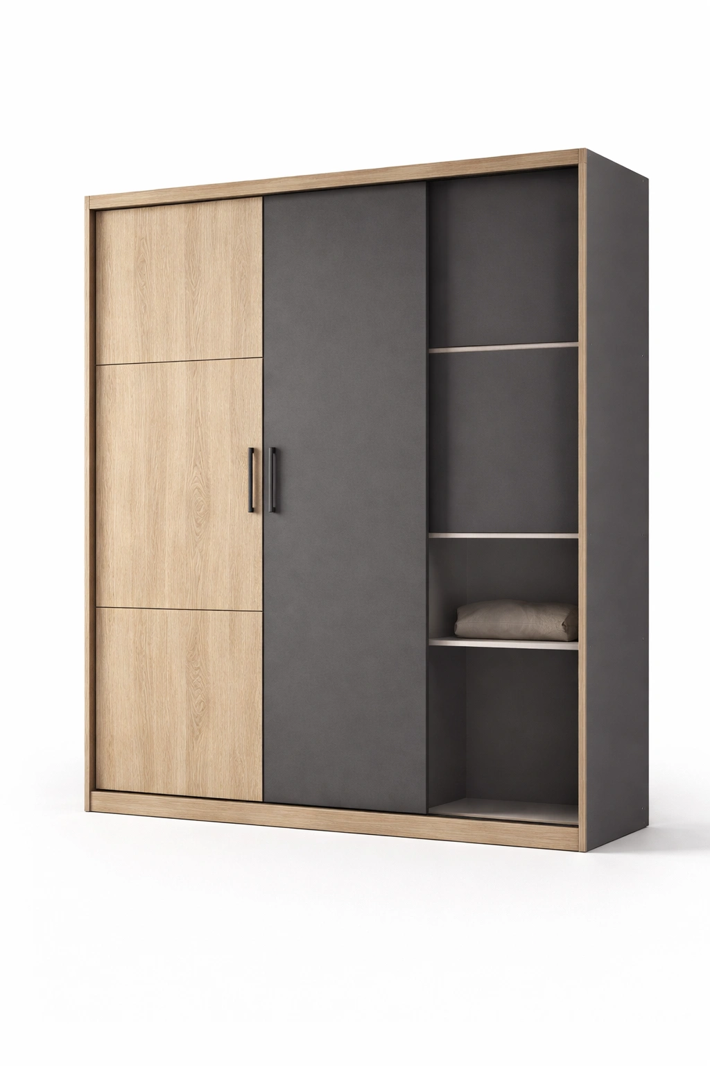 Armoire bois gris portes coulissantes étagères ouvertes