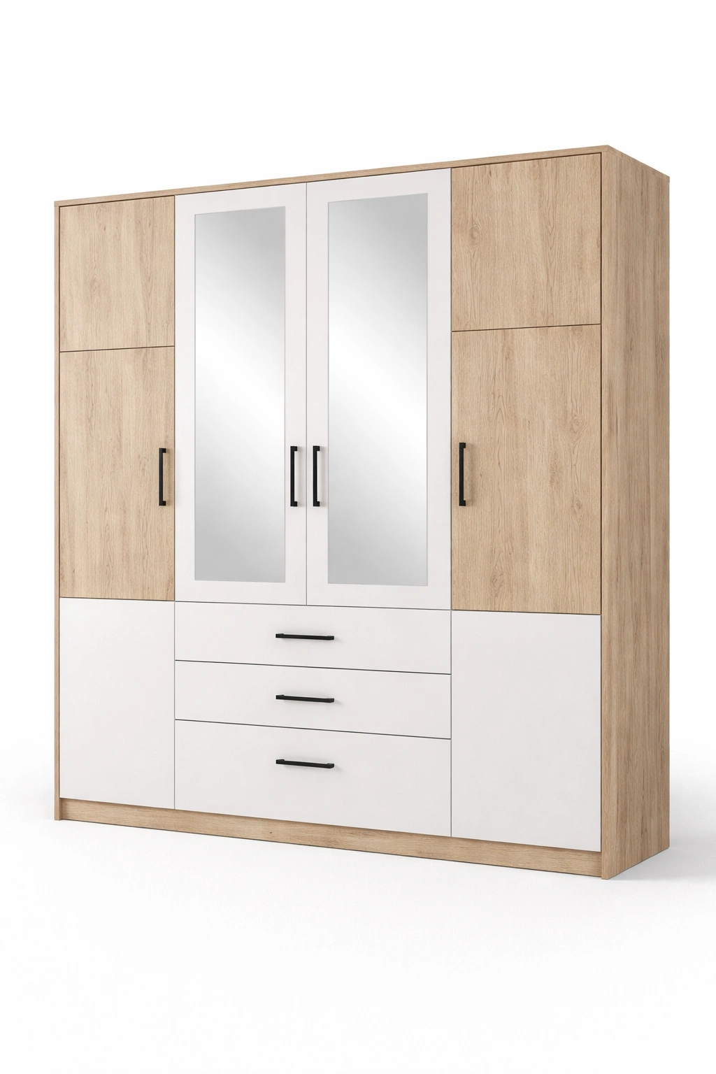 Armoire bois clair blanc portes miroir tiroirs centraux
