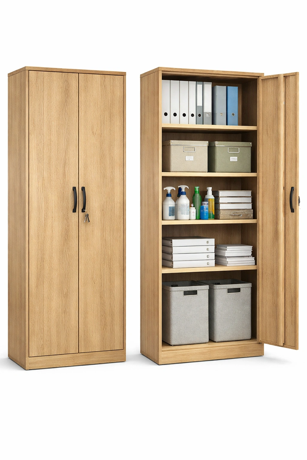Armoire bois clair portes battantes étagères intérieures