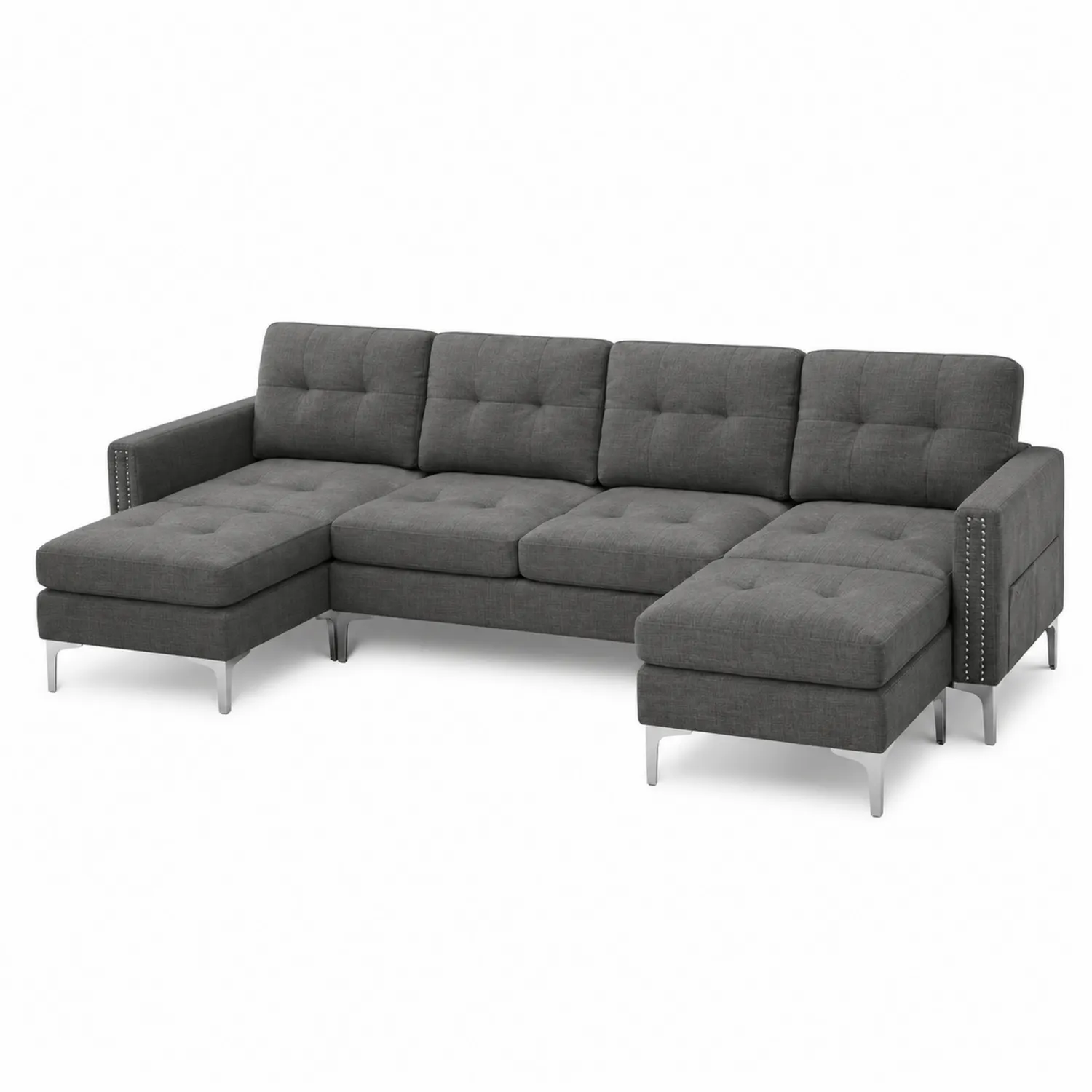 Canapé d'angle en tissu gris avec pieds en métal, 280cm
