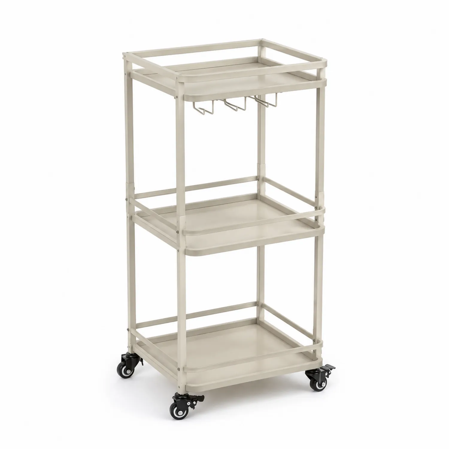 Chariot de service en métal à trois niveaux avec roulettes, Beige