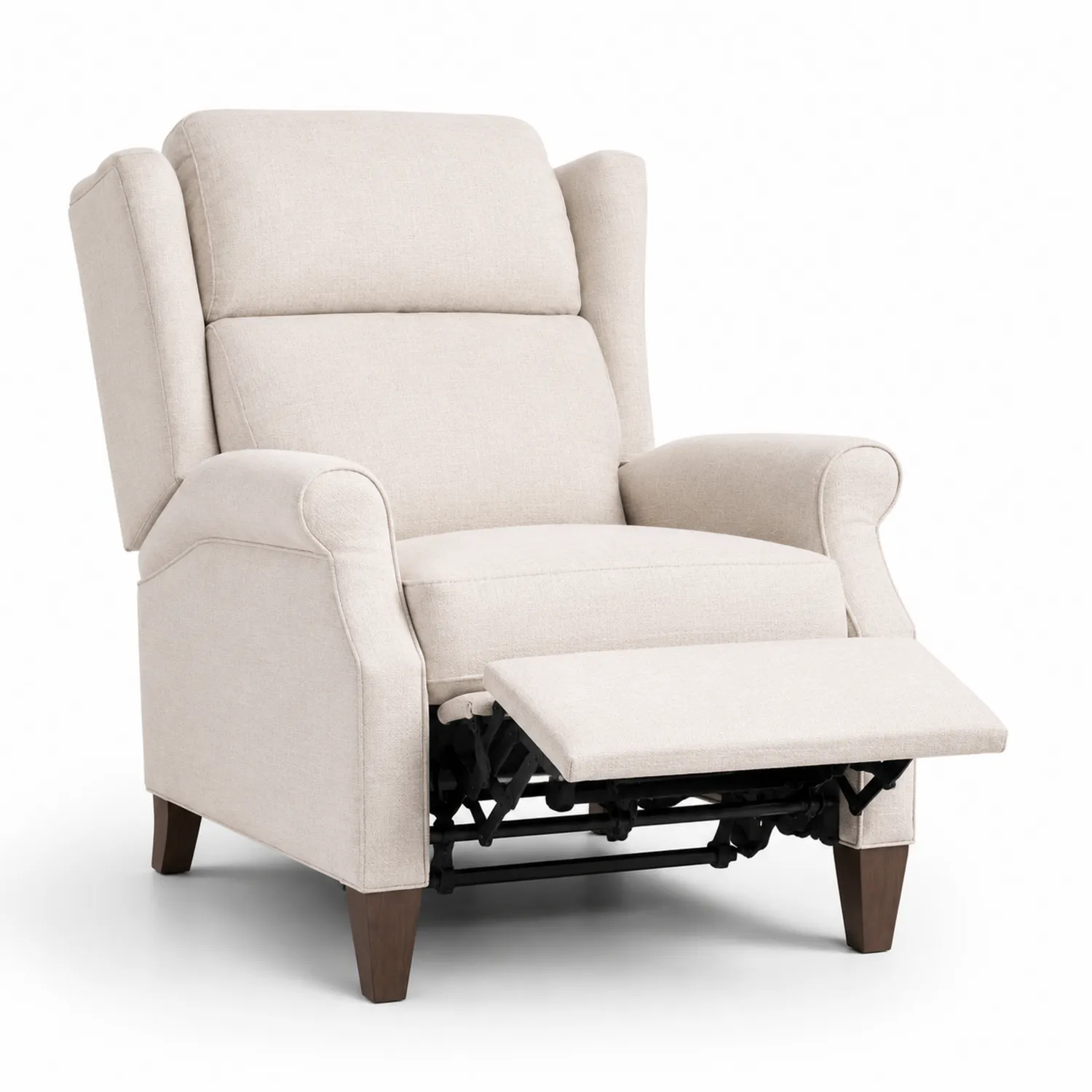 Fauteuil inclinable en tissu beige avec pieds en bois