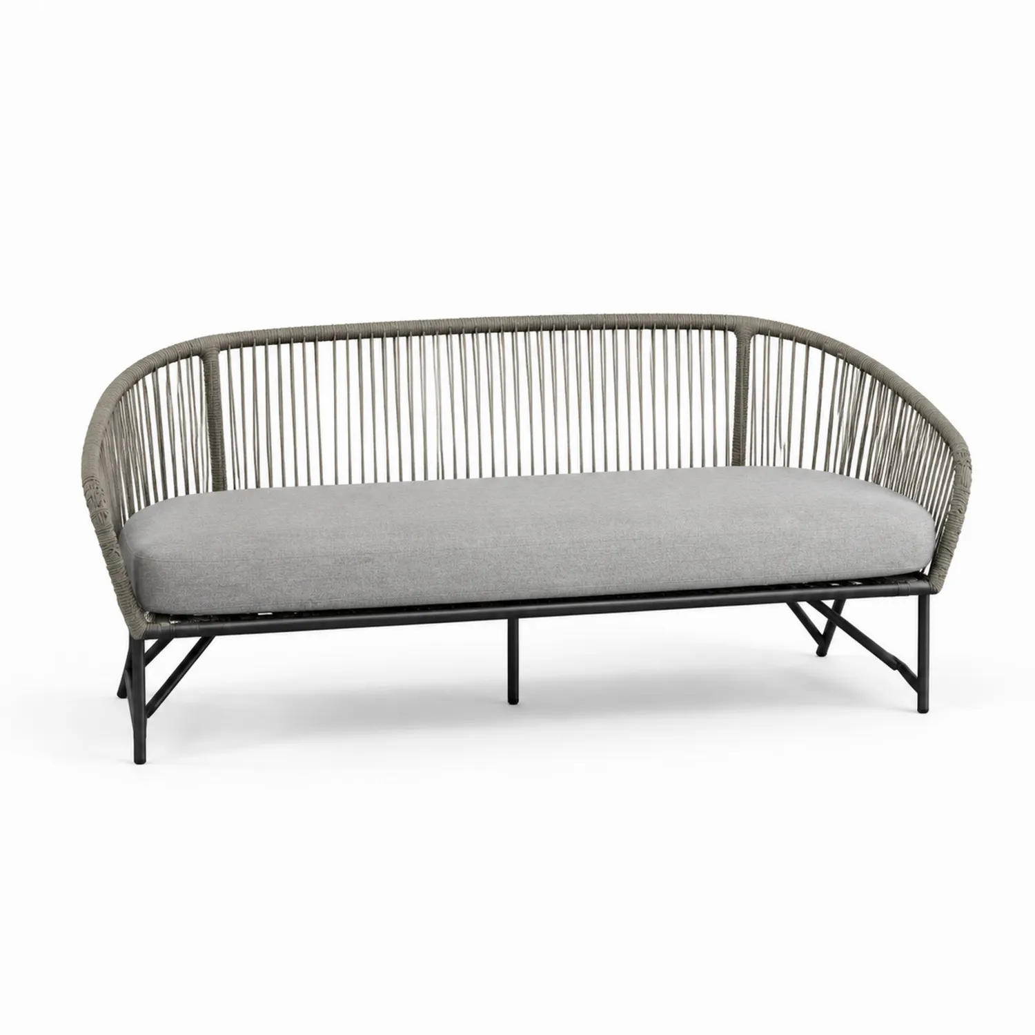 Canapé d'extérieur en métal et corde avec coussin en tissu gris