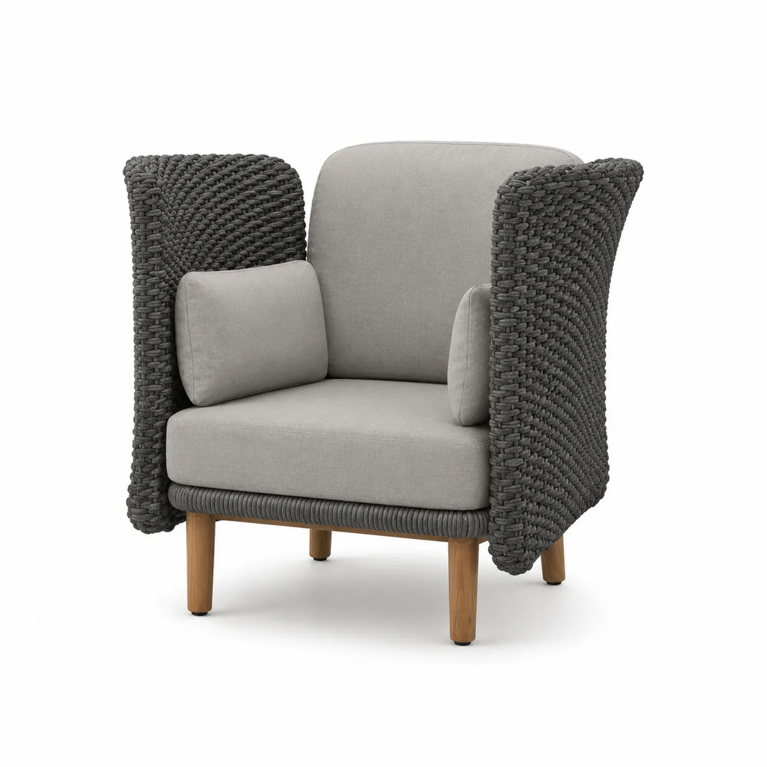 Fauteuil en corde tressée et bois avec coussins en tissu gris