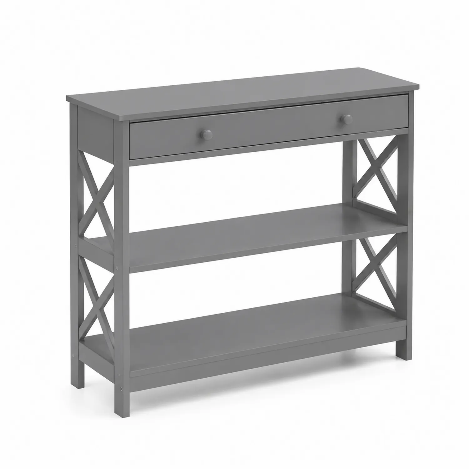 Table console en bois avec tiroir et étagères, Gris