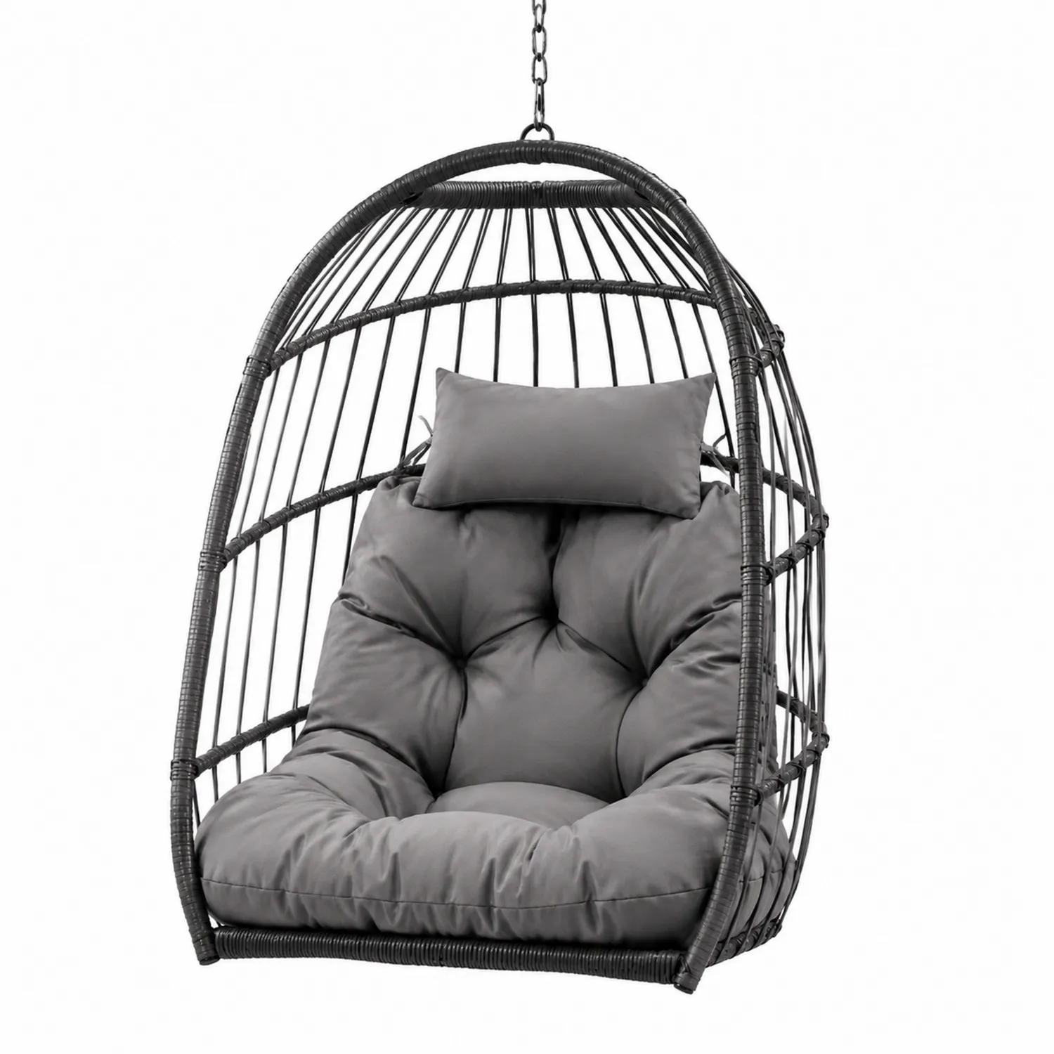 Chaise oeuf suspendue en métal et résine tressée avec coussin Gris