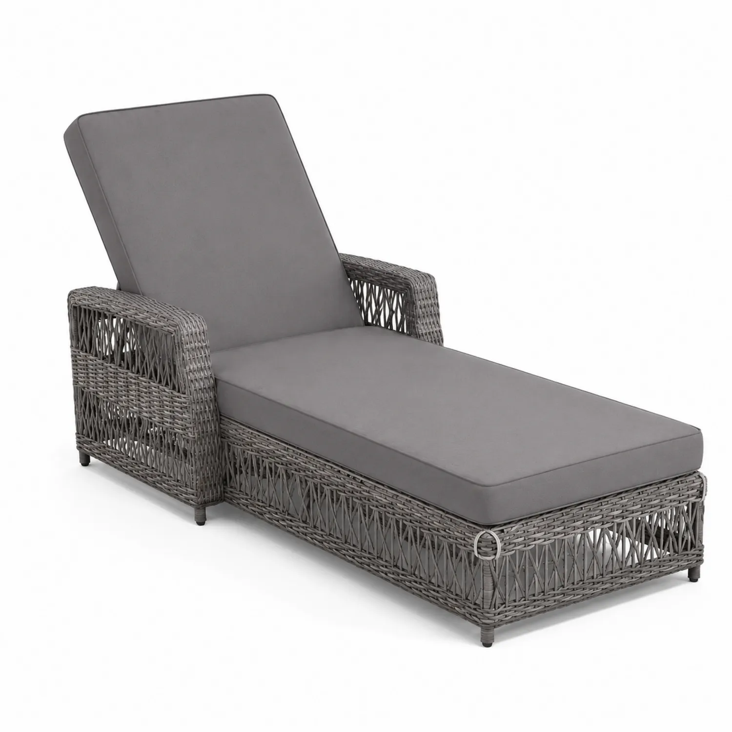 Chaise longue extérieure en résine tressée avec coussins gris, réglable, 200 cm