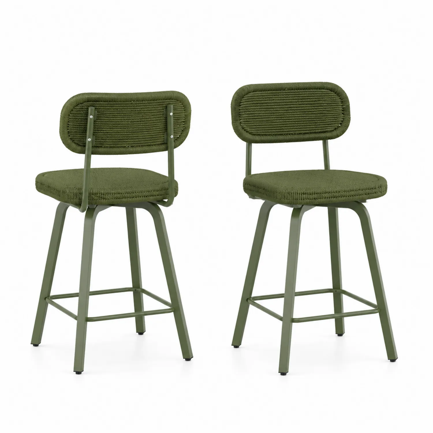 Lot de 2 tabourets de bar en métal et corde tissée verte, hauteur 75 cm
